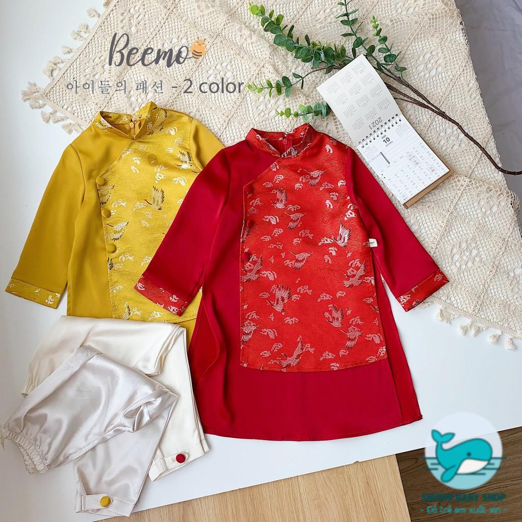 áo dài tết bé trai lụa gân tà đắp hai màu Beemo