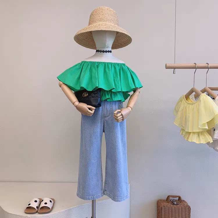 Set áo chun cổ 2 tầng quần jean xuông bé gái