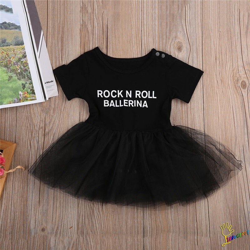 ❤XZQ-Letter Print Infant Baby Girl Tulle Rock N Roll Romper Dress Bodysuit Outfit Set