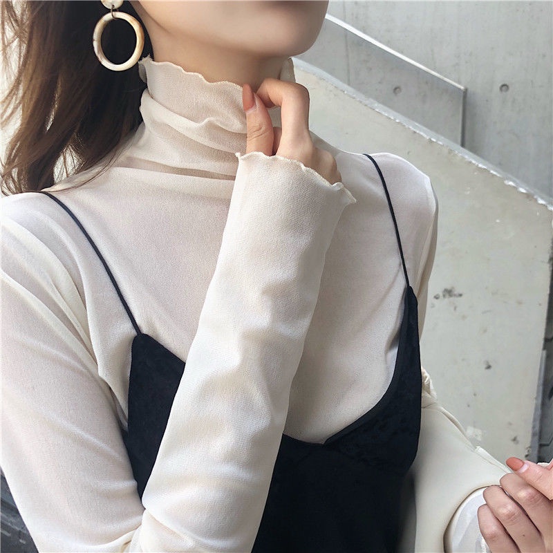 Áo Kiểu Cổ Lọ Phối Lưới Phong Cách Retro Hàn Quốc Cho Nữ