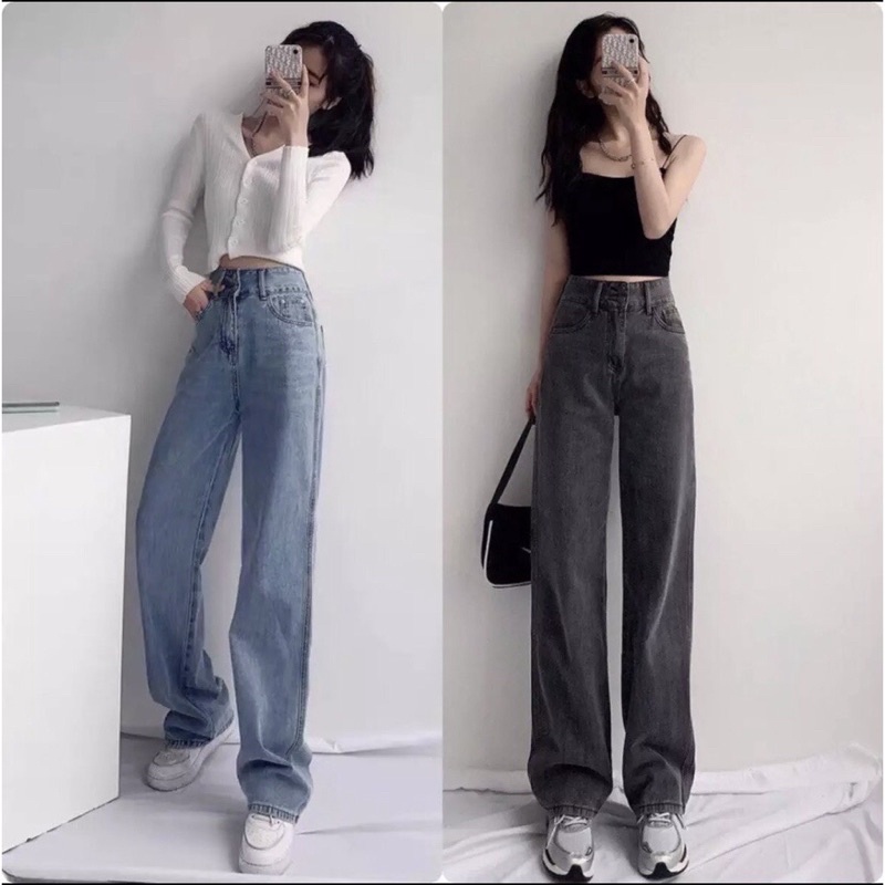 QUẦN JEAN NỮ ỐNG RỘNG LƯNG CAO MÀU XANH -MÃ 2