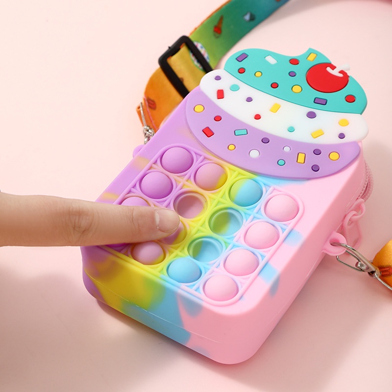 Pop it Túi Đeo Chéo Vai Hình Cánh Quạt Màu Cầu Vồng Kỳ Lân Dành Cho Trẻ Em Ngoài Trời