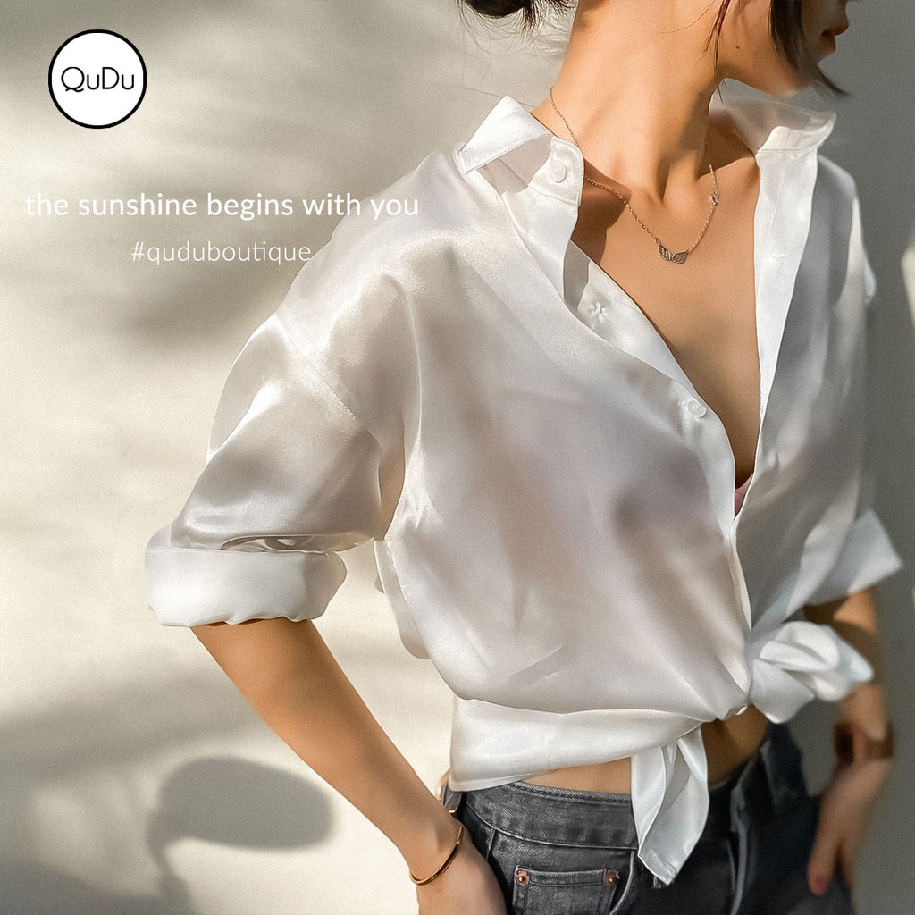 Áo Sơ Mi Nữ Đẹp QuDu Áo Sơ Mi Trắng Đen Tay Dài Chất Lụa Mềm Mịn Form Rộng Kiểu Hàn Quốc Trơn Công Sở, Đi Biển