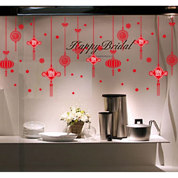 Decal Trang Trí Tết Hai Mặt Hít Tĩnh Điện Không Dơ Kính- Rèm dây lồng đèn bảng chữ đỏ