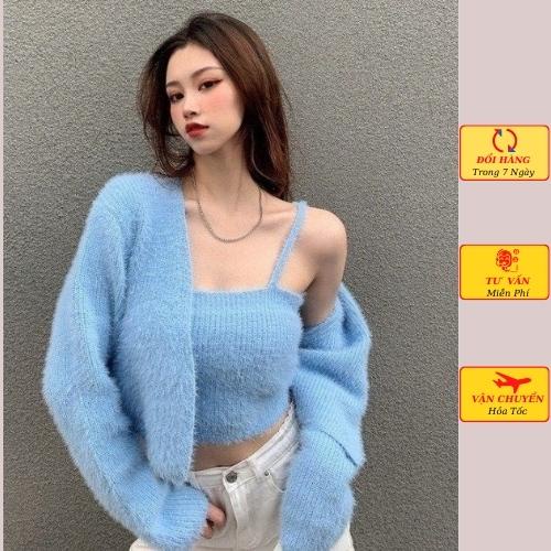 Set áo cardigan len nữ lông thỏ kèm áo 2 dây ulzzang Hàn Quốc mùa thu đông