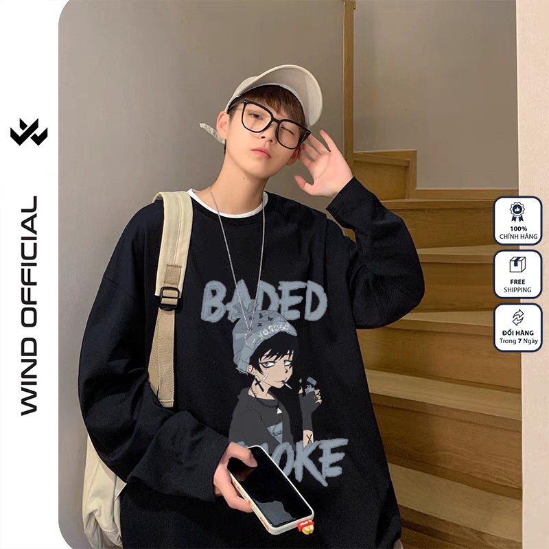Áo sweater tay dài WIND phông unisex form rộng BADED, thời trang nam nữ oversize
