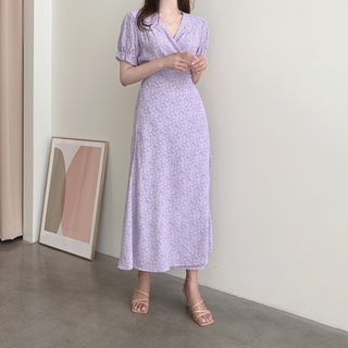 Đầm hoa midi tay phồng cổ chữ V phong cách vintage 34701