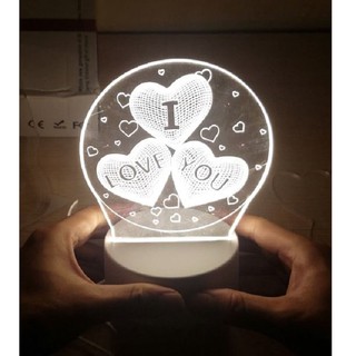 Đèn ngủ 3D trang trí hình 3 trái tim I LOVE YOU
