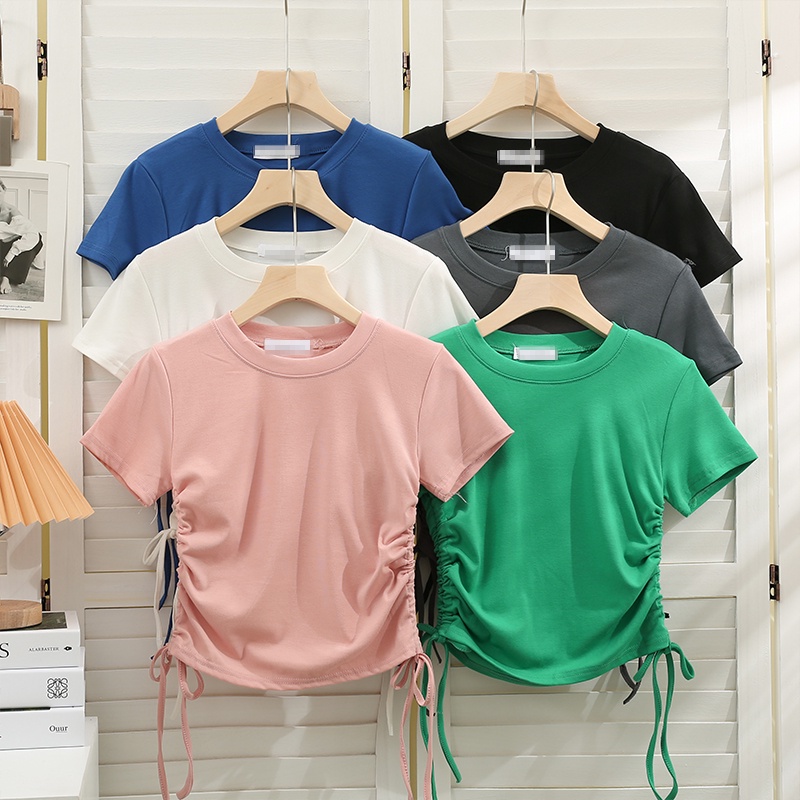 Áo thun nữ tay ngắn vải cotton dáng ôm màu trơn cổ tròn APN021