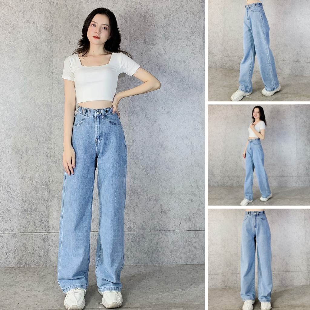 Quần jean nữ đai tròn EMIX (2 màu),  dáng suông dài, cạp cao, ống vừa, vải jean loại 1 giặt không phai màu 9003