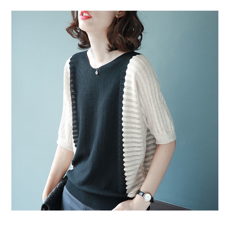 Áo thun dệt kim tay ngắn dáng rộng thời trang mùa hè cho phụ nữ trung niên