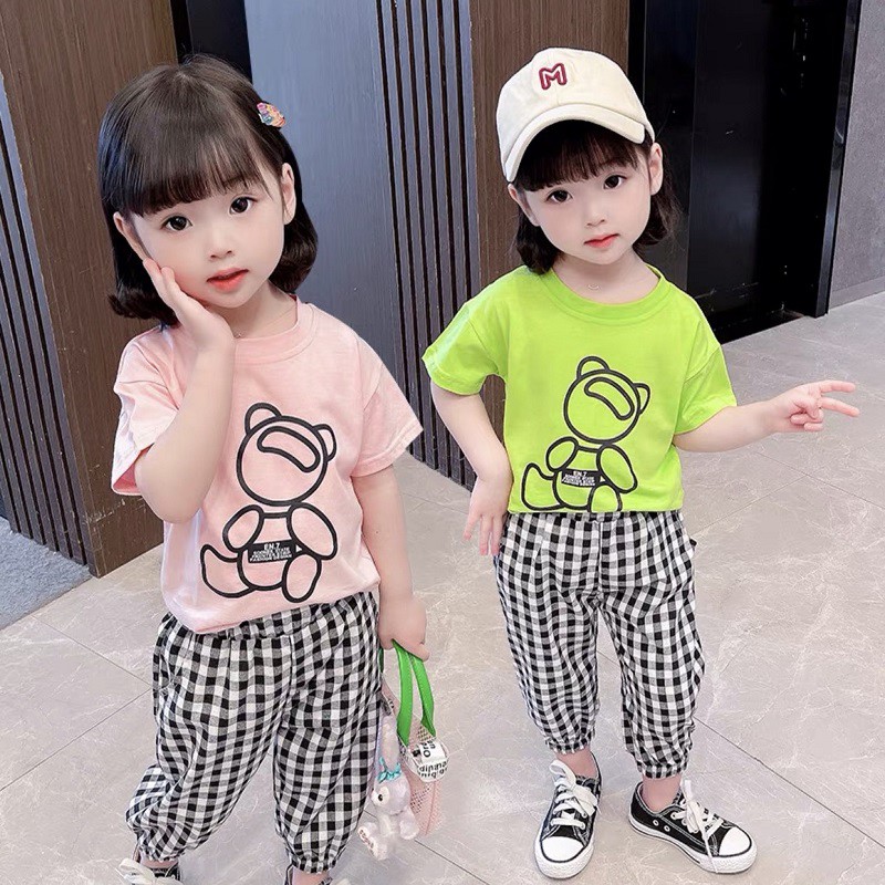 Bộ đồ bé gái Con Xinh cotton gấu Baby, set quần áo trẻ em 5 đến 14 tuổi