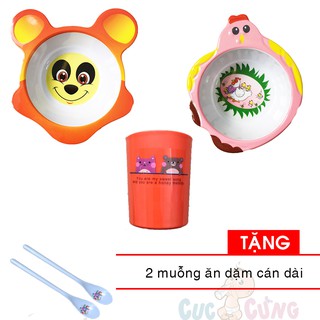 Bộ chén ăn hình gấu +  1 Tô cho bé tập ăn hình gà bằng nhựa  - 37 + ly uống nước in hình  Tặng 2 muỗng cán dài cho bé