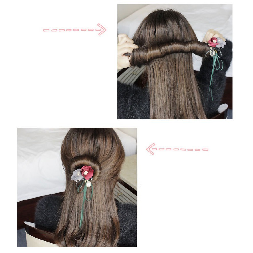 B07 Búi tóc hoa vải kèm ruy băng xinh