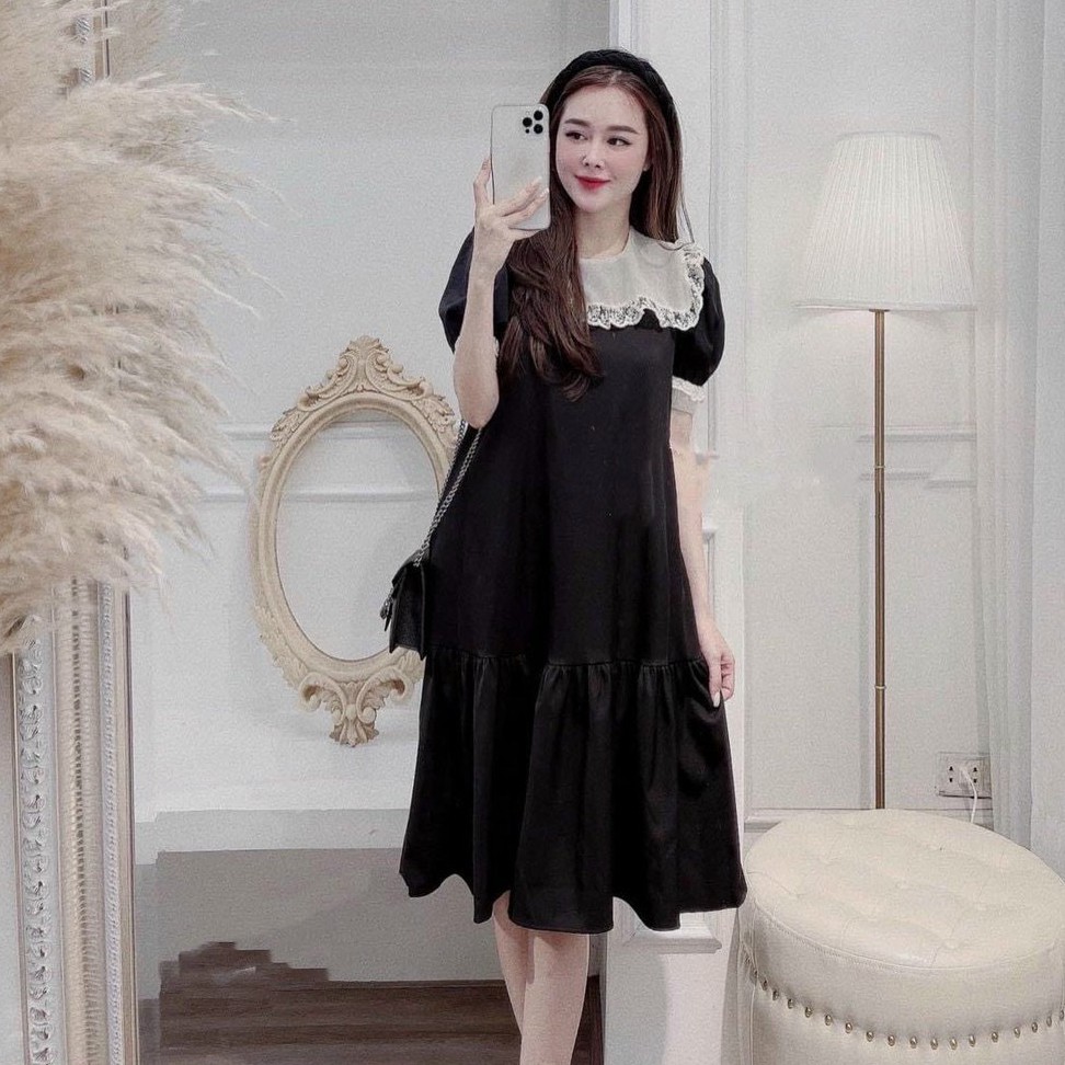 Váy Bầu Suông Đẹp Mùa Hè Đầm Bầu Công Sở Màu Đen Cổ Ren Thiết Kế Giá Rẻ HD2636 Honey Mommy
