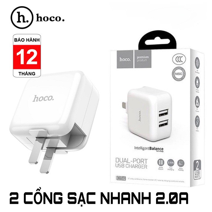 Củ Sạc 2A HoCo C54 Sạc Nhanh 2 Cổng Ra Usb