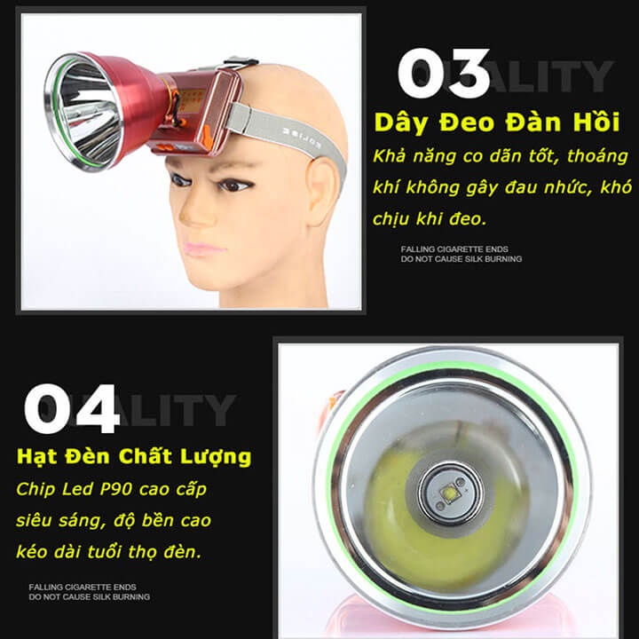 Đèn pin đội đầu siêu sáng 500W chiếu xa 500m, chống nước, pin trâu sử dụng 8-10 tiếng, đèn đội đầu A9 chóa lớn 10CM