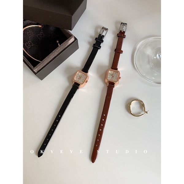 Đồng hồ nữ Yuhao mặt vuông nhỏ vintage dây da bóng sang trọng
