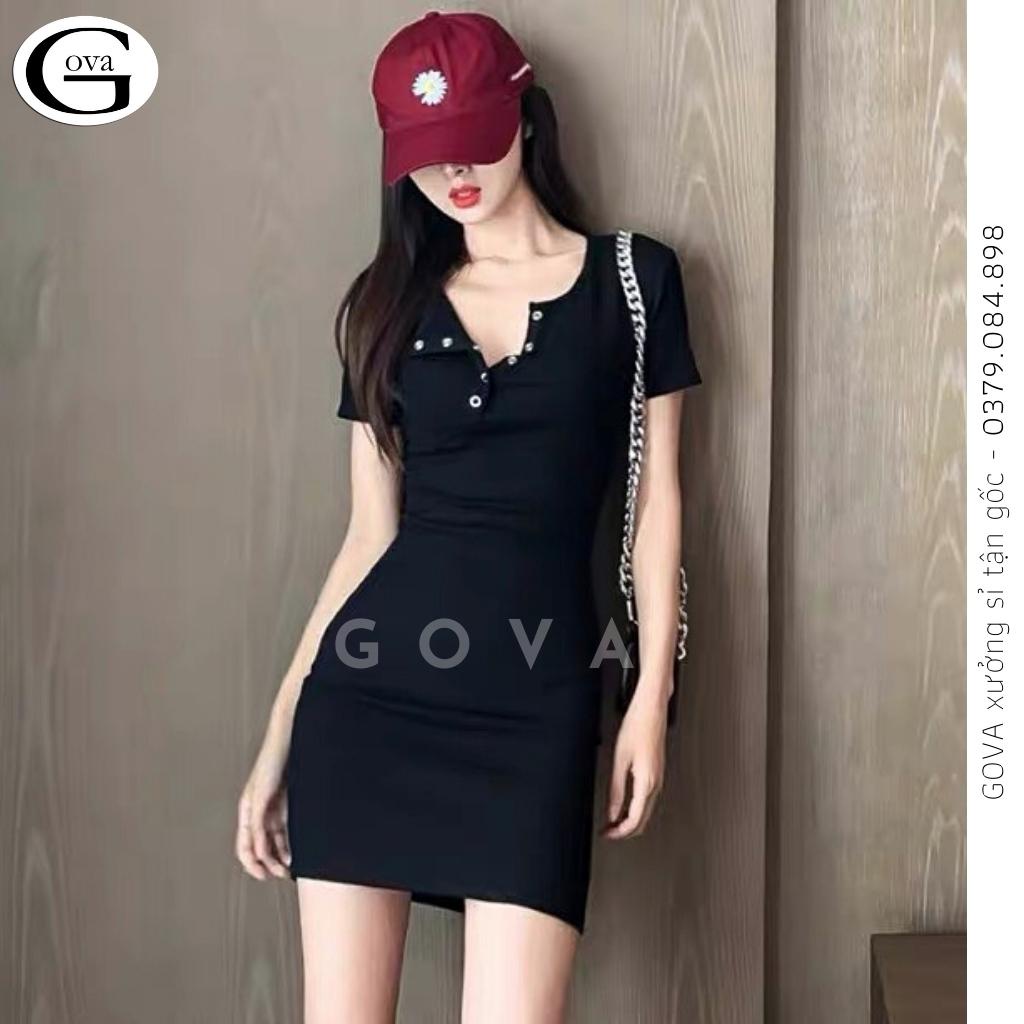 Đầm Váy Body Cổ Vuông CÚC BẤM Thun Gân Tay Ngắn Ôm Sexy Gợi Cảm GOVA