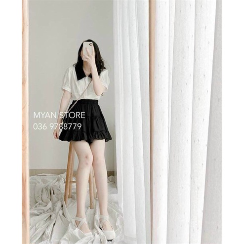[Miễn phí ship 2022] Set váy tiểu thư nữ, set áo tay búp cổ bèo đen mix chân váy đen xòe dễ thương