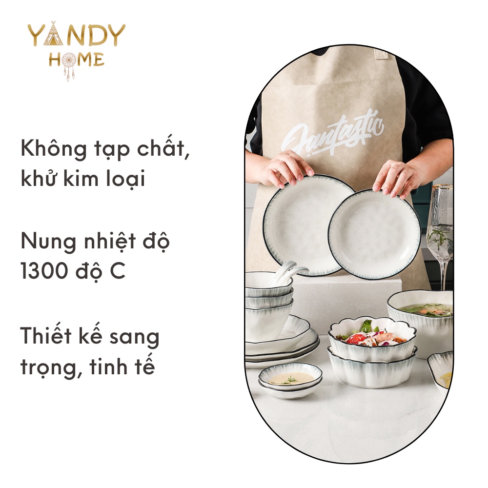 Bát đĩa tô chén gốm sứ YANDY HOME BB15 chất men cao cấp trắng đen viền mưa sang trọng siêu dày dặn