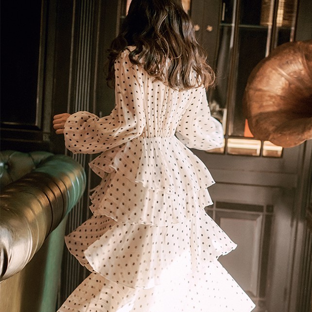 Đầm tiểu thư maxi nhiều tầng Ulzzang dài tay chấm bi 2- u.w