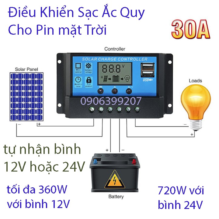 sạc pin năng lượng mặt trời - 30a  bộ điều khiển sạc năng lượng mặt trời 12 24V tự nhận bình