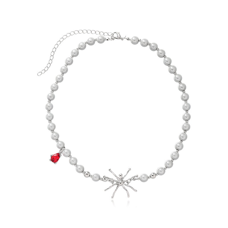 Vòng cổ mặt hình nhện chất liệu hợp kim ngọc trai giả phong cách hip hop