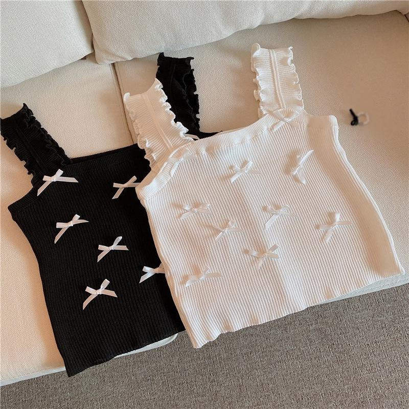 Áo Croptop Dệt Kim Hai Dây Đính Nơ Phong Cách Retro Hàn Quốc Dễ Thương