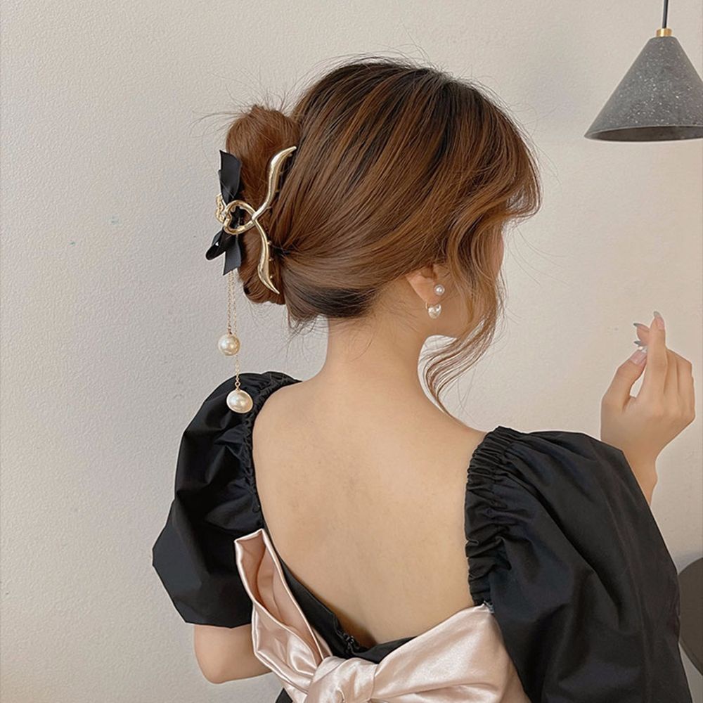 Kẹp tóc trang trí nơ tua rua bằng kim loại đính ngọc trai giả phong cách Hàn Quốc cổ điển thời trang cho nữ