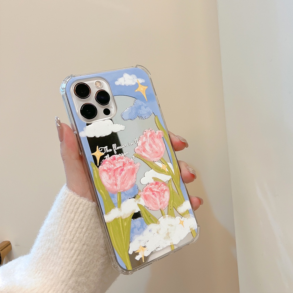 Ốp Điện Thoại Chống Sốc Tráng Gương Họa Tiết Hoa tulip Cho iphone 7 8 plus x xr xs 11 12 13 14 15 mini pro max se 2020