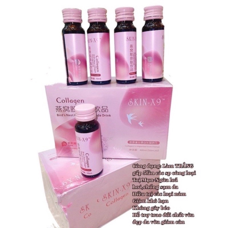 Collagen hồng Skin x9 chống lão hóa và cải thiện làn da thâm, nám hộp 8 lọ - YHX9