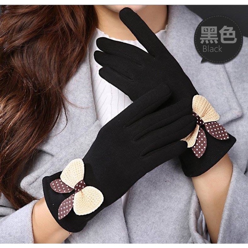Găng tay nữ cảm ứng lót nỉ đinh nơ siêu ấm mùa đông