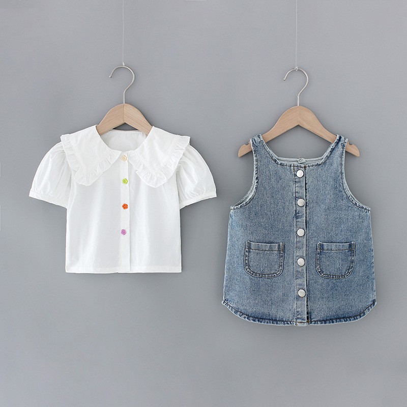 Set Váy Yếm Jean Và Áo Sơ Mi Cho Bé Gái Từ 9-17kg [GS7]