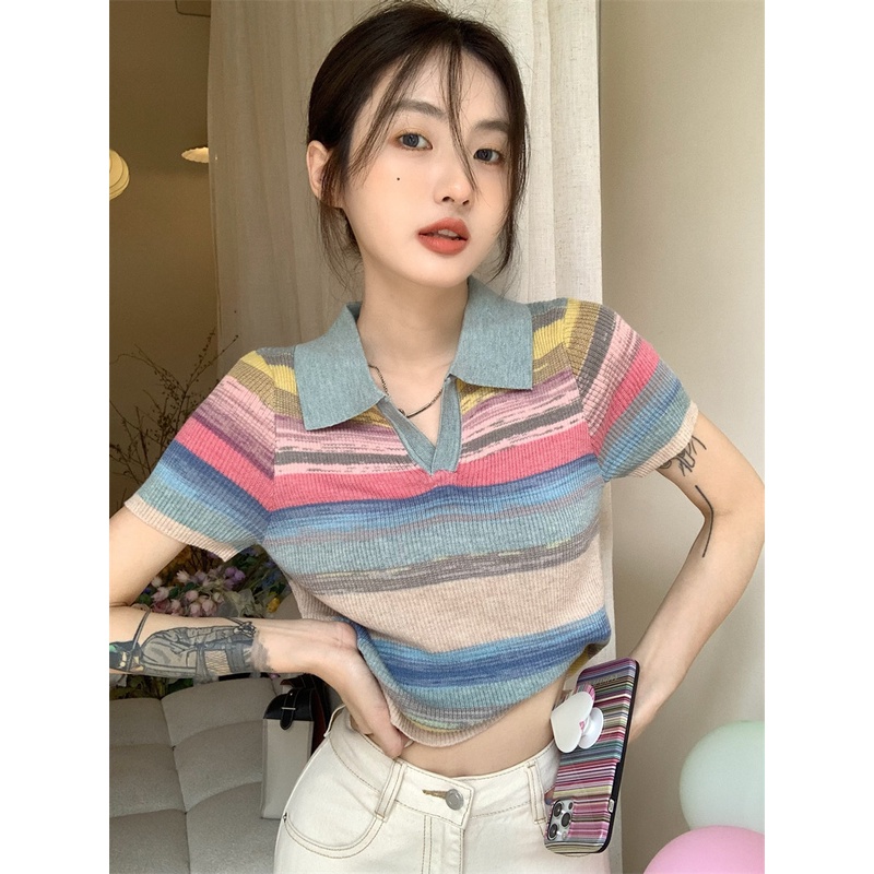 Áo Dệt Kim Cổ POLO Kẻ Sọc Cầu Vồng Tương Phản Hàn Quốc