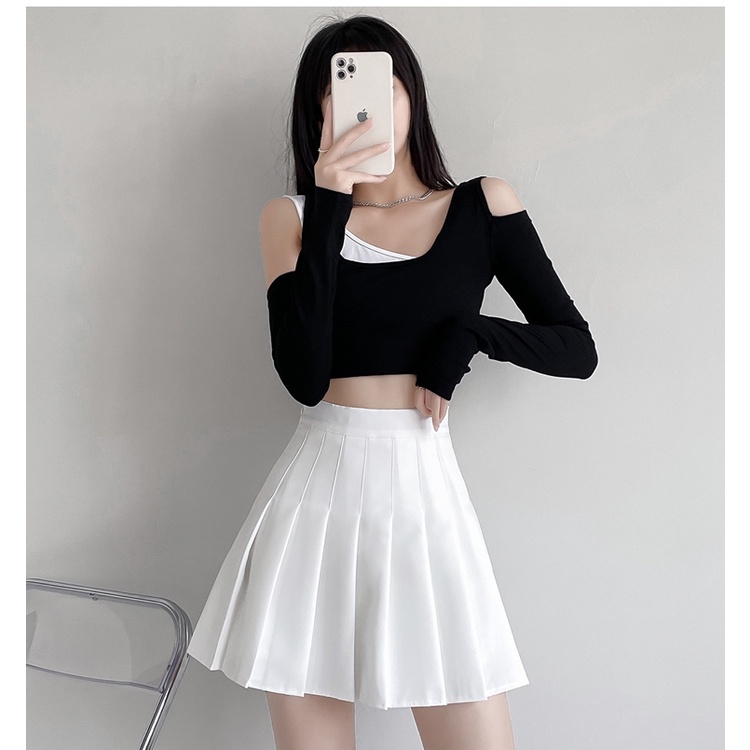 Chân váy xếp ly ngắn lưng cao lót quần màu trắng và màu đen HCV32 Hỉn Hỉn Store