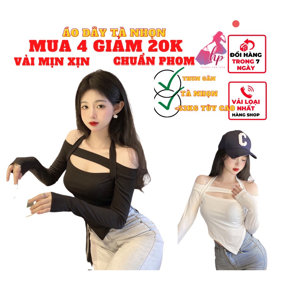 Áo thun gân nữ dây choàng cổ trễ vai body vải thun gân màu trắng đen mịn xịn sang chảnh phong cách hàn quốc