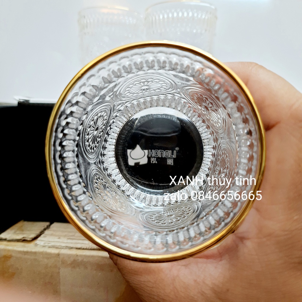 Cốc thủy tinh họa tiết Mặt trời (RETRO) sang trọng, cổ điển viền vàng 300ml - 365ml (1 chiếc)