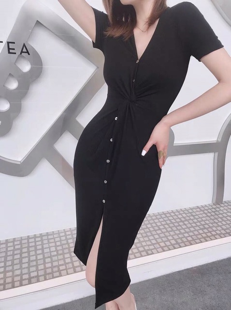 Đầm thun len gân xoắn eo