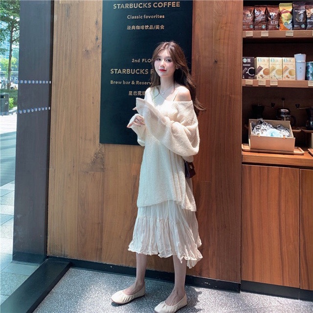 Set váy dài + áo len mỏng ulzzang