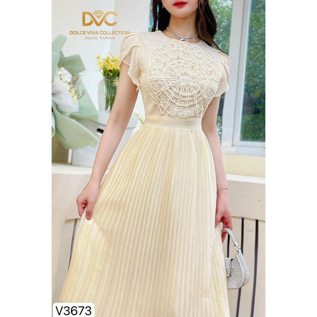 VÁY NỮ DÁNG DÀI, VÁY ĐI CHƠI BE XẾP LY PHỐI REN LƯỚI ĐÍNH NGỌC TIỂU THƯ V3673 - DVC
