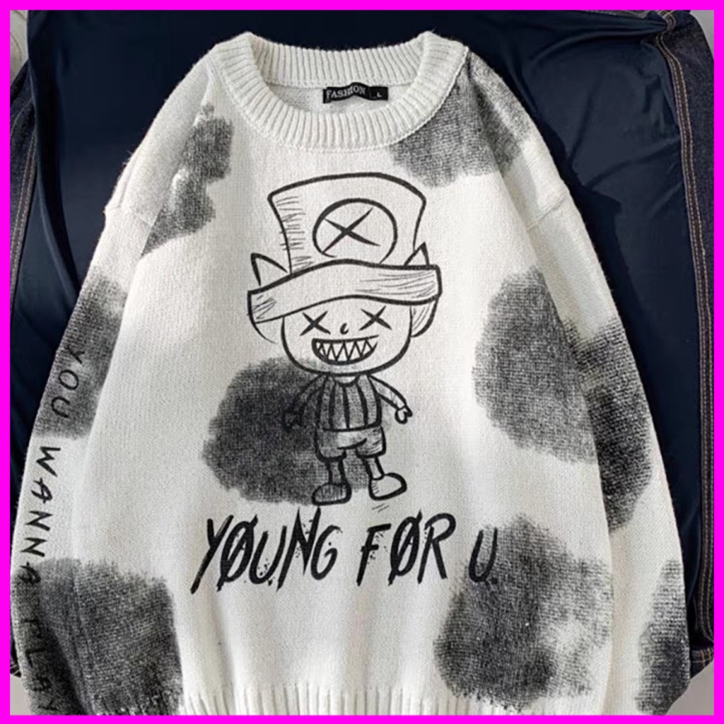 Áo len nam họa in tiết hình băng đảng mũ rơm độc đáo và thanh lích