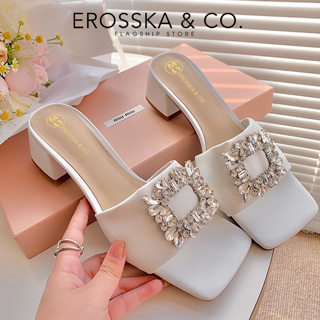 Erosska - Dép cao gót nữ quai ngang đính đá sang trọng cao 5,5cm màu trắng - EM096