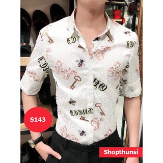 Sơ Mi Nam chất phi lụa họa tiết ong và chìa khóa (hình thật)