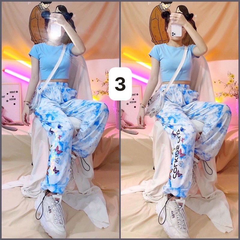 Set áo croptop + quần loang phản quang unisex
