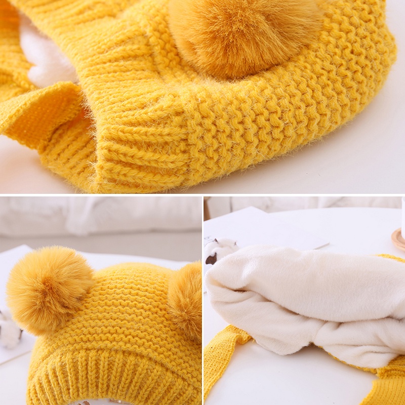 Mũ Beanie Dệt Kim Bảo Vệ Tai Đính Hai Quả Bông Đáng Yêu Cho Bé