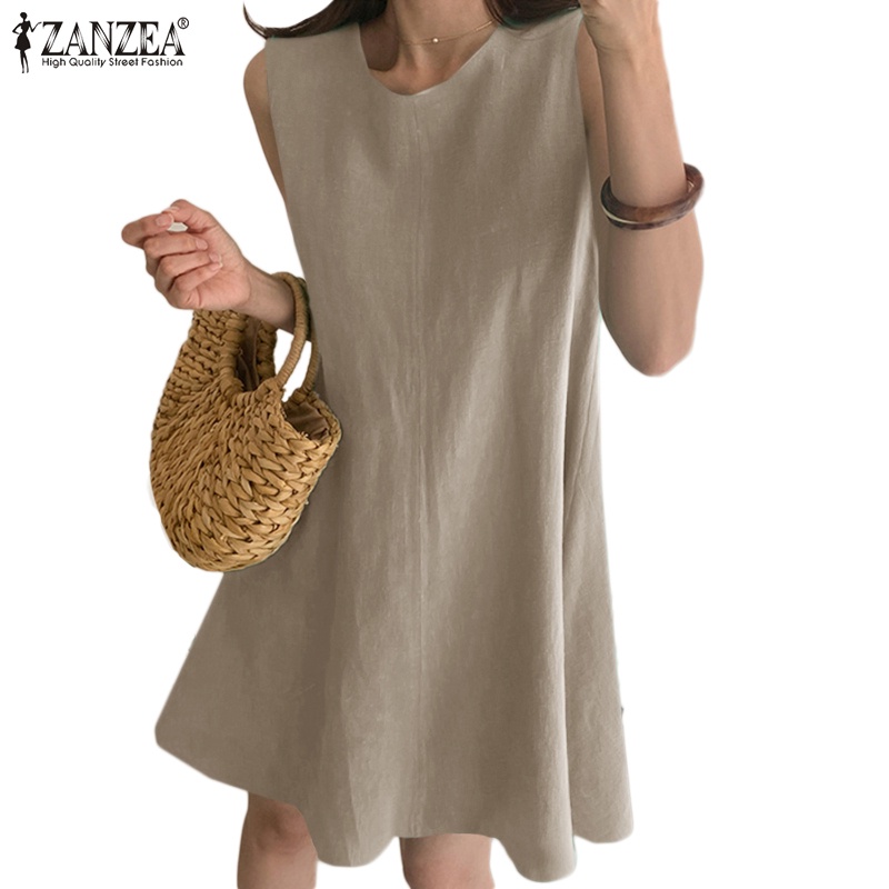 Đầm mini Zanzea không tay cổ tròn cài nút sau lưng màu trơn kiểu vintage cho nữ
