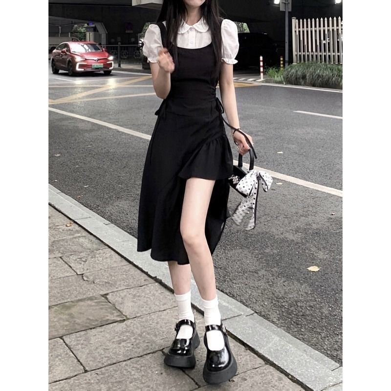 Đầm Dài Vừa Màu Đen Giả Hai Lớp Phong Cách Hepburn Dành Cho Nữ