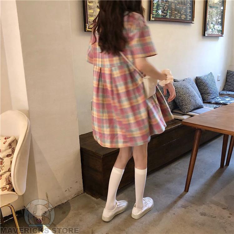 Đầm Sơ Mi Tay Ngắn Họa Tiết Sọc Caro Phong Cách Vintage