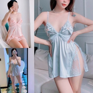 Đầm Ngủ Lụa 2 Dây Pha Ren Hở Lưng Ngực Nơ Sexy